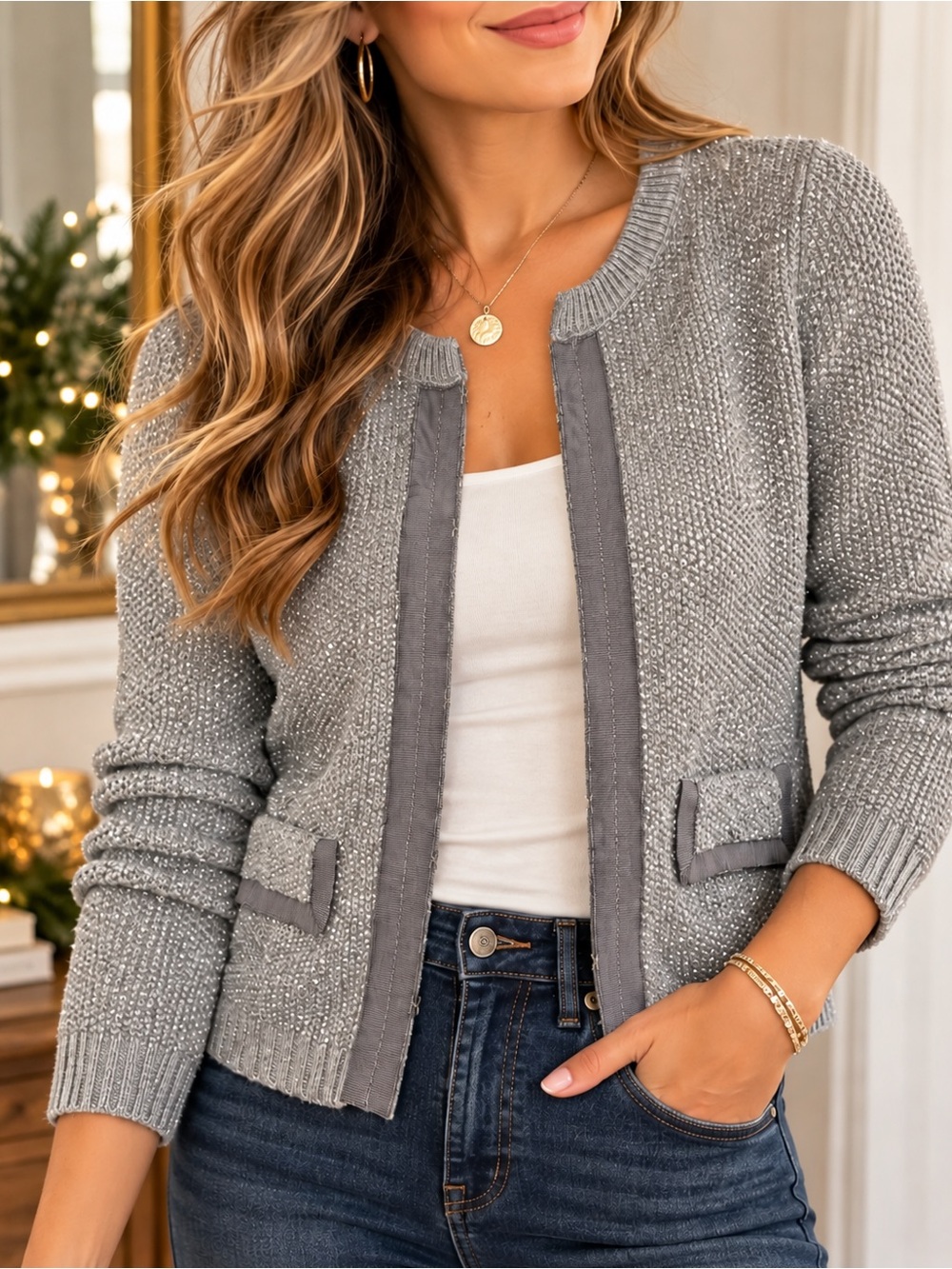 Banana Republic XS Metallic Gray Silver Shimmer Cardigan Ribbon Trim